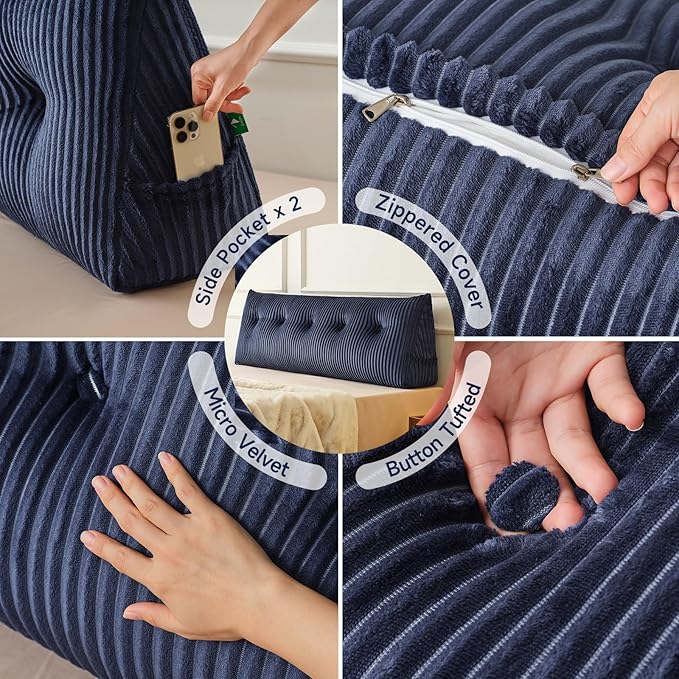 Z-hom Queen Headboard Pillow, Triangular Wedge Reading Pillow for Bed or Sofa, Ergonomic Backrest Cushion for Sitting Up, Reading or Relaxing, with Side Pocket，Removable Washable Cover,Blue