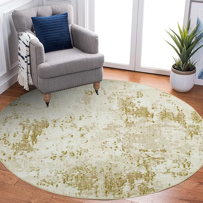 Modern Abstract 8x8 Round Area Rug Non Slip Non Shedding Rug Low Pile Stain Resistant for Bedroom Living Room Office Dining Room,Golden Grey