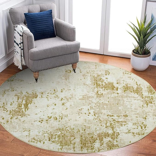 Modern Abstract 8x8 Round Area Rug Non Slip Non Shedding Rug Low Pile Stain Resistant for Bedroom Living Room Office Dining Room,Golden Grey