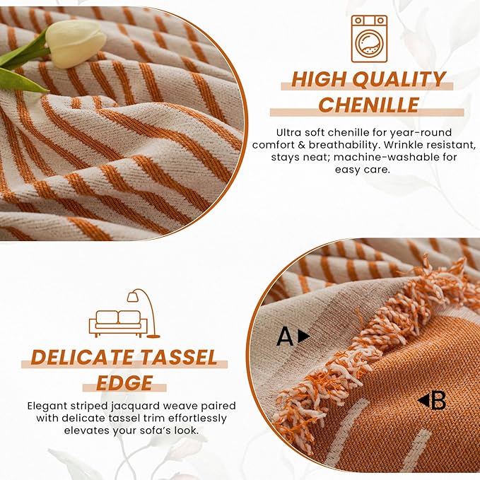 VClife XL Sofa Cover Chenille Couch Cover for 3 Cushion Couch Sofa, Modern Beige Caramel Striped Couch Covers for Kids Washable Sectional Sofa Protector with Tassel 71"X134"