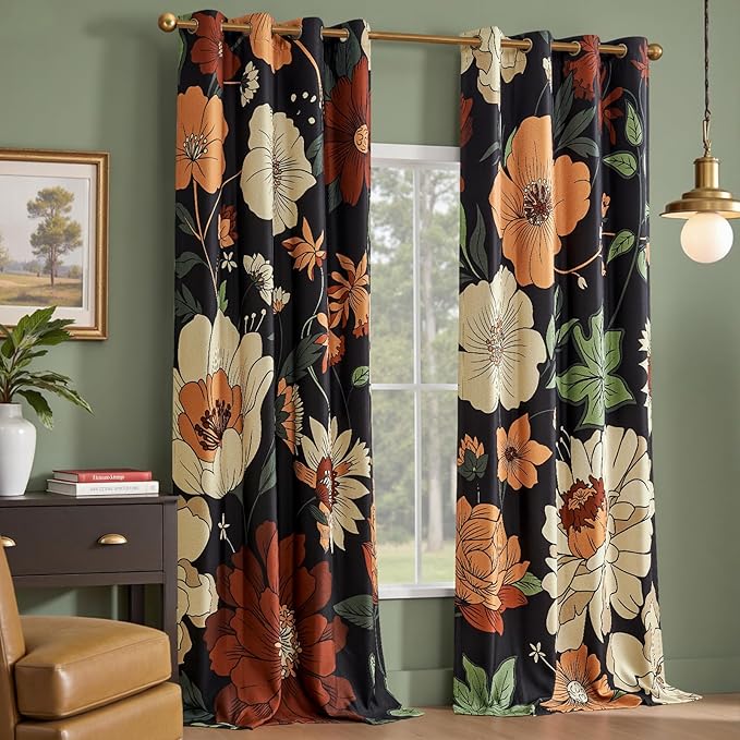 JINCHAN Lora Floral Curtains for Bedroom Blackout Drapes for Living Room Darkening Fabric Fall Decor Winter Vintage Flower Pattern Printed Window Curtains 108 Inches Length 2 Panels with Grommet Black