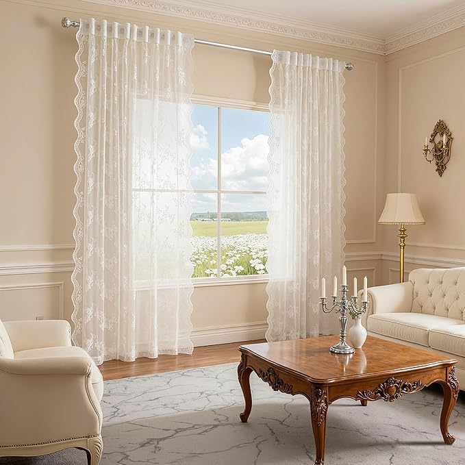 MEETSKY Sheer Lace Curtains 90 Inches Long for Living Room Dining Room Back Tab Rod Pocket Vintage Victorian French Elegant Light Filtering Boho Style Home Decor, 50" Wide Each Panel, 2 Panels, White