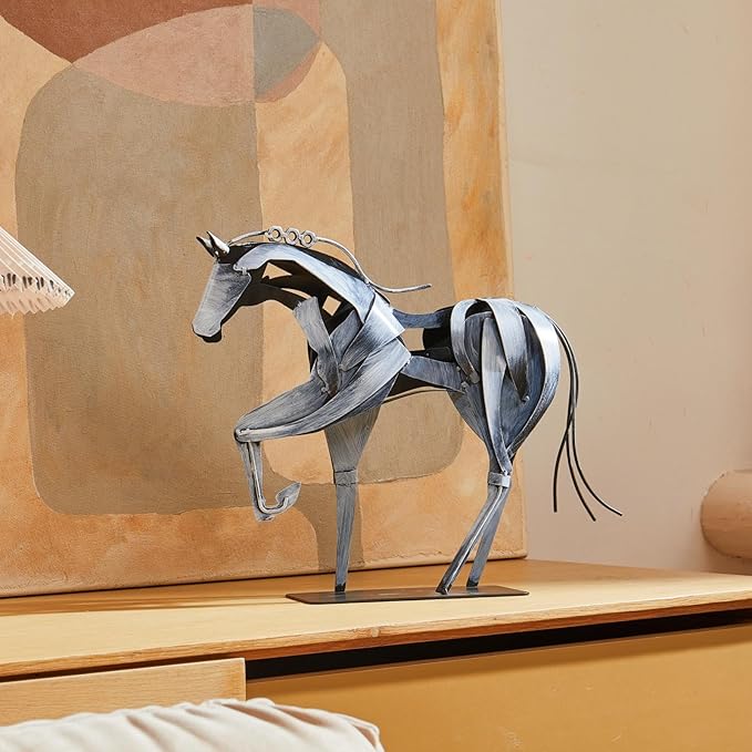 Handmade Horse Statue - Unique Rustic Decor for Office & Home - Hand-Painted Metal Sculpture - Perfect Handicraft Gift for Horse Lovers (Grey)