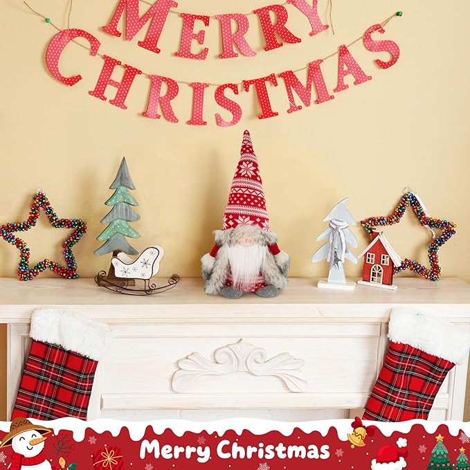 Gnomes Christmas Decorations - Red Plush Holiday Gnome Figurine with Faux Fur Cloak, Cute Nordic Tabletop Accent for Mantel, Shelf, Office or Festive Idea