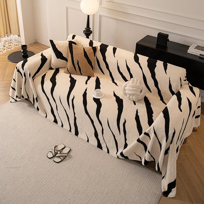 ROOMLIFE Striped Boho White Couch Cover for 2-3 Cushion Sofa, Fuzzy Plush Warm Sofa Slipcovers Sectional Sofas Covers, Non Slip Washable Furniture Protector Soft with Tassel,Winter 71''X150”