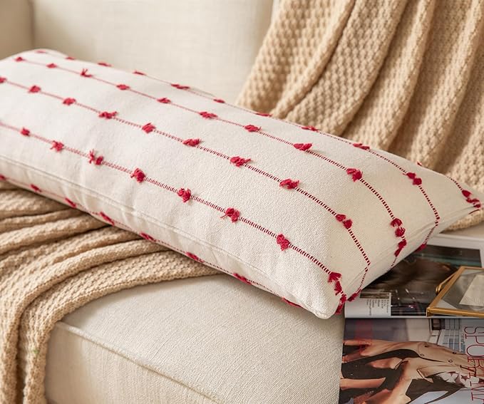 Caflife Boho Christmas Lumbar Pillow Covers 14x36 Long, Farmhouse Decorative Body Lumbar Pillow for Bed and Sofa, Living Room Home Christmas Decor Couch Red Lumbar Pillowcase, Pack of 1