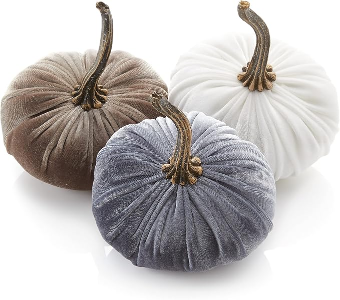 Your Heart's Content Set of 3 Small Velvet Pumpkins, Fall Wedding Centerpiece, Modern Rustic Farmhouse, Mantel Decor, Thanksgiving, Classic Gift (Sm Gray Taupe Ivory)