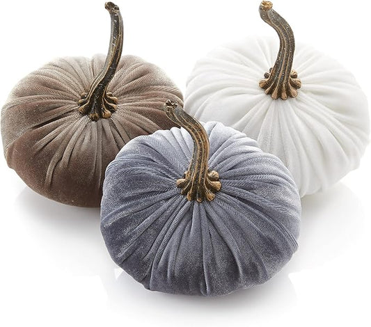 Your Heart's Content Set of 3 Small Velvet Pumpkins, Fall Wedding Centerpiece, Modern Rustic Farmhouse, Mantel Decor, Thanksgiving, Classic Gift (Sm Gray Taupe Ivory)