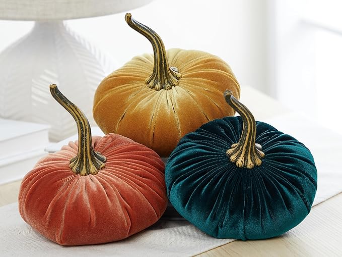 Set of 3 Velvet 6.25 Inch Pumpkins, emerald green accent, fall tablescape, autumn cozy vibe, Thanksgiving centerpiece, hygge home, fall wedding, Halloween indoor decor (Harvest, Gold, Emerald)