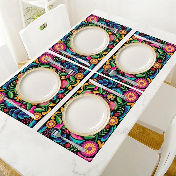 Mexican Fiesta Placemat Set of 6, 12x18 Inch Black Colorful Mexico Floral Flroal Birds Birds Talavera Cinco De Mayo Day of The Dead Coffee Table Mats for Outdoor Kitchen Dining Table Decoration