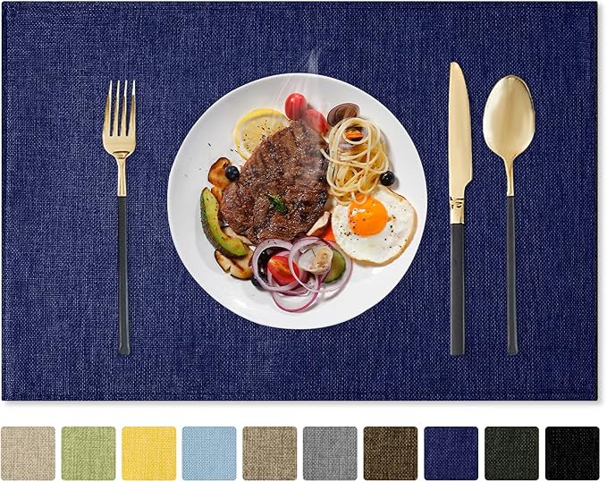 Romanstile Cloth Placemats Set of 6-12 x 18 Inch, Heat Resistant Double Layered Thickened Burlap Place Mats, Washable Faux Linen Farmhouse Table Mats for Kitchen/Dining/Party/Outdoor, Navy Blue