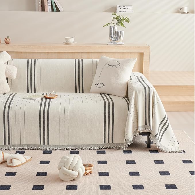 DREAMINGO Couch Cover for Armchair Reversible Chenille Chair Sofa Protector Washable Couch Cover Blanket for Living Room Striped Jacquard Recliner Furniture Slipcover 71"x71"