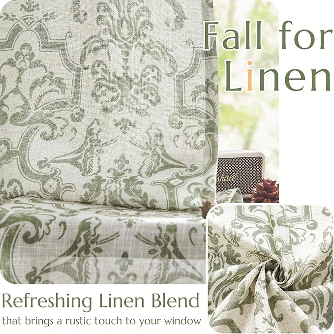 jinchan Curtains for Bedroom, Light Filtering Curtains 72 Inch Length 2 Panels Set, Baroque Style Linen Drapes for Living Room, Vintage Damask Patterned Window Treatments, Grommet Sage Green on Flax