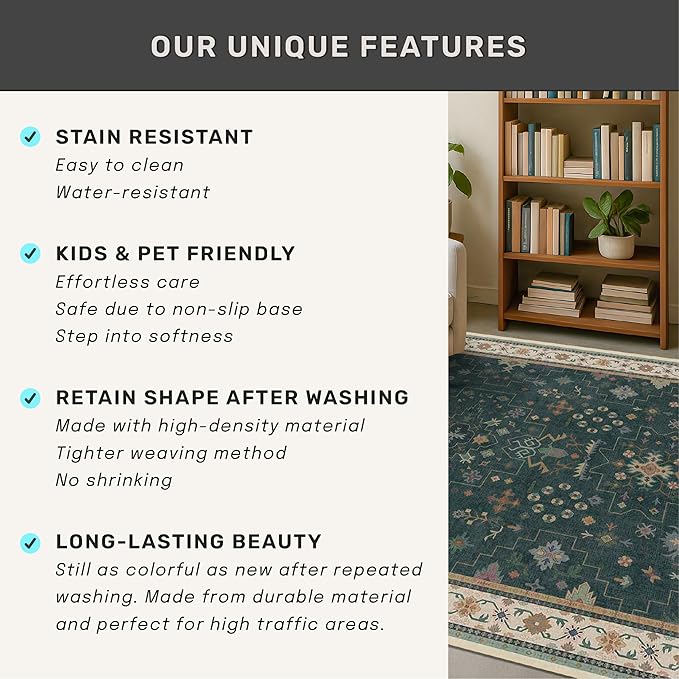 Dark Green Oushak 5x8 Living Room Rug - Modern Vintage Boho Eclectic Floral Pastel, Washable Low Pile Non-Slip Large Area Rugs for Nursery Dining Under Table Bedroom Lounge