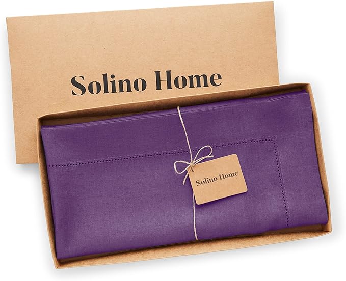 Solino Home Square Linen Tablecloth 52 x 52 Inch - 100% Pure Linen Purple Table Throw - Classic Hemstitch, Machine Washable Table Cloth for Fall, Autumn, Thanksgiving
