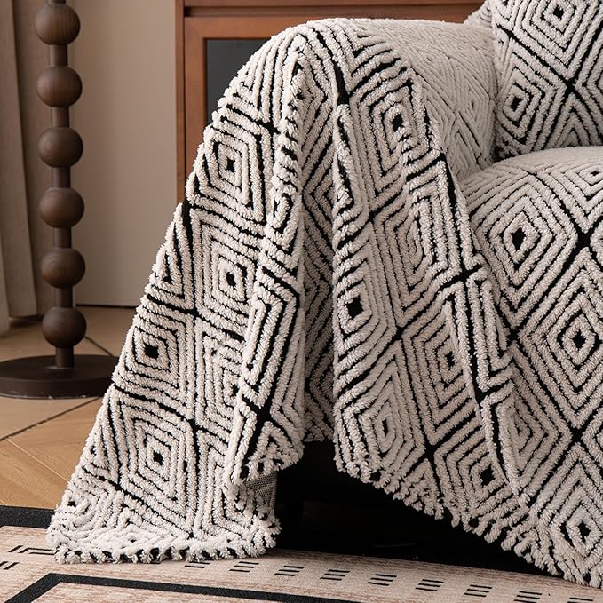 ROOMLIFE Striped Boho Black Couch Cover for 2-3 Cushion Sofa, Fuzzy Plush Warm Sofa Slipcovers Sectional Sofas Covers, Non Slip Washable Furniture Protector Soft with Tassel,Winter 71''X150”