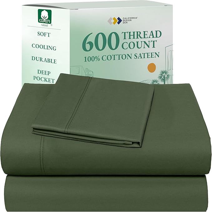 California Design Den 100% Cotton Twin Sheets Set - Luxury 600 Thread Count, Sateen Weave, Deep Pocket Twin Bed Sheets Cotton Set, Hotel Quality Bedding - Olive Green