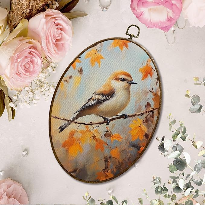 JQF Vintage Fall Bird Oval Wall Art, Farmhouse Autumn Birding Oval Canvas Wall Art, Rustic Fall Bird Framed Prints Hanging Decor for Home Bedroom Living Room, 8.5x11.5 Inch