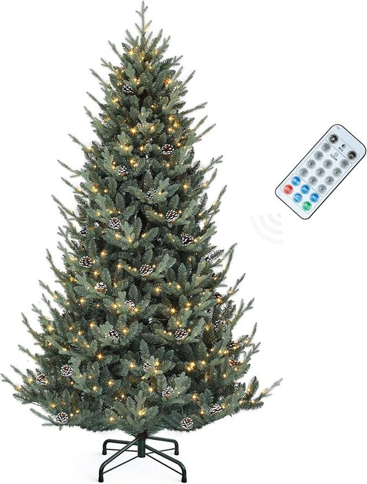 YITAHOME 7.5FT Prelit Blue Christmas Tree with Remote, Pre-Decorated Artificial Hinged Hillside Spruce Holiday Xmas Tree with 51 Pine Cones, 500 Lights & 11 Light Modes