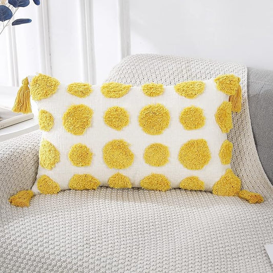 PANOD Super Soft Farmhouse Decorative Plush Throw Pillow Covers 12 x 20 Yellow,Solid Pom pom Tufted with Tassels Modern Accent Boho Lumbar Cushion Cover Pillow Case for Couch Sofa