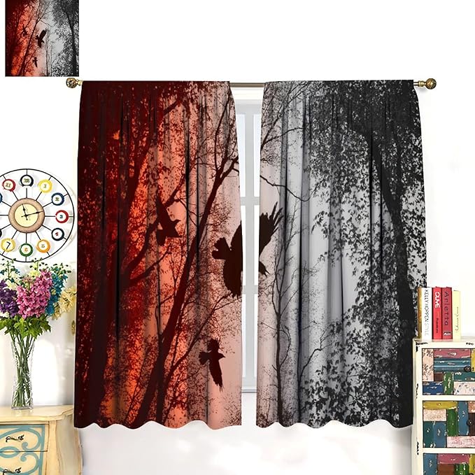 Gothic Halloween Forest Blackout Window Curtains, Scary Crow Forest Gothic Theme Window Treatments Drapes, for Bedroom Living Room 26(W)*84(L) 2 Panels