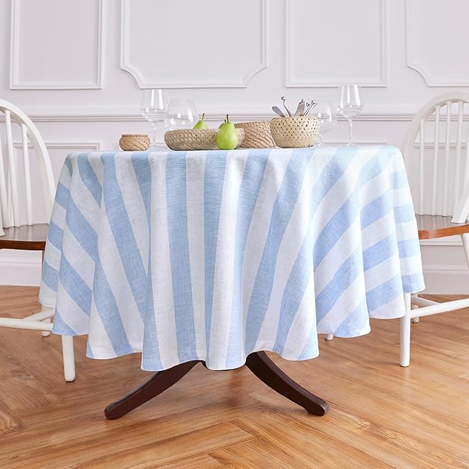 Solino Home Linen Round Tablecloth 70 Inch - Cabana Stripe, 100% Pure Linen Sky Blue and White Round Tablecloth - Machine Washable Table Cloth for Christmas