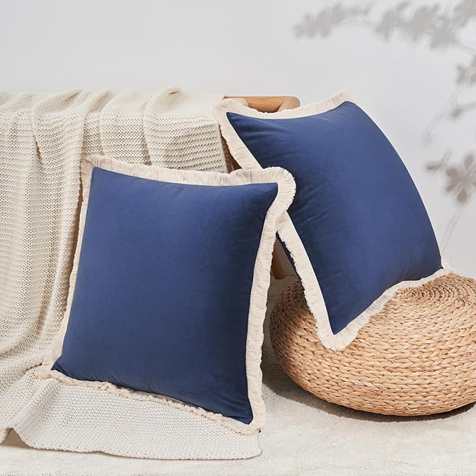 MONDAY MOOSE Decorative Throw Pillow Covers Cushion Cases, Set of 2 Soft Velvet Modern Fringe Tassel Designs, Mix and Match for Home Decor, Pillow Inserts Not Included (Midnight Blue, 20x20 inch)