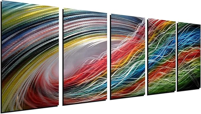 Panel Metal Wall Art with Colorful Wave Lines Design, Abstract Modern and Contemporary Décor, Unique Metal Wall Sculpture, Silver Aluminum Artwork, Indoor and Outdoor decoration, 5 panels 64"x24"