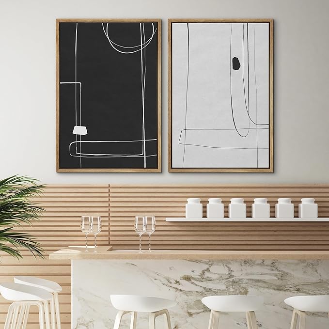 SIGNWIN Framed Canvas Print Wall Art Set Grunge Mid-Century Geometric Lines Abstract Shapes Illustrations Modern Art Minimal Boho Relax/Calm for Living Room, Bedroom, Office - 24"x36"x2 Natural