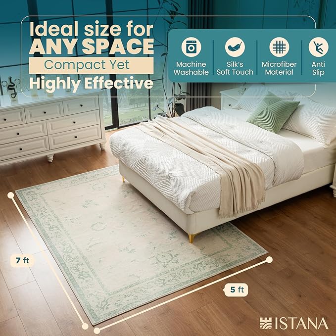 Istana 5x7 Area Rug - Green Rugs for Living Room 5x7 - Foldable Rugs for Bedroom - Stain Resistant Washable Rug - Eco-Friendly Boho Area Rugs - Easy to Clean Living Room Rug
