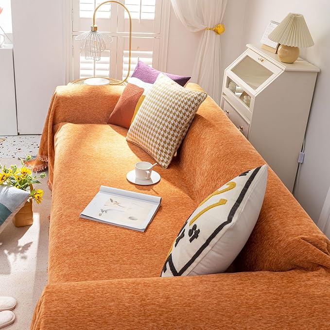 VClife Modern Orange Couch Cover XXL Sofa Cover for Sectional Couch, Soft Kids Couch Covers for 3 Cushion Couch Sofa, Thick Chenille L-Shape Furniture Sofa Covers for Living Room 71"x150"