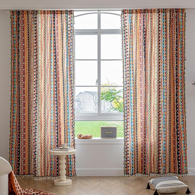 Boho Curtains Geometric Light Filtering Semi-Blackout Window Curtains 84 Inches Long Rod Pocket Drapes for Living Room 2 Panels-Vintage Red