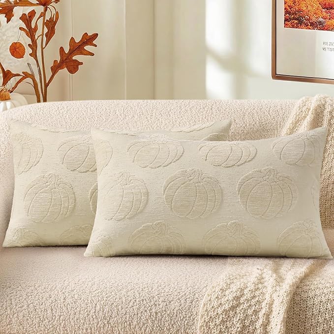 decorUhome Decorative Beige Pumpkin Thanksgiving Throw Pillow Covers 12x20 Set of 2, Soft Chenille Jacquard Farmhouse Textured Pillow Covers for Couch Bed Sofa Autumn Harvest Halloween Holiday
