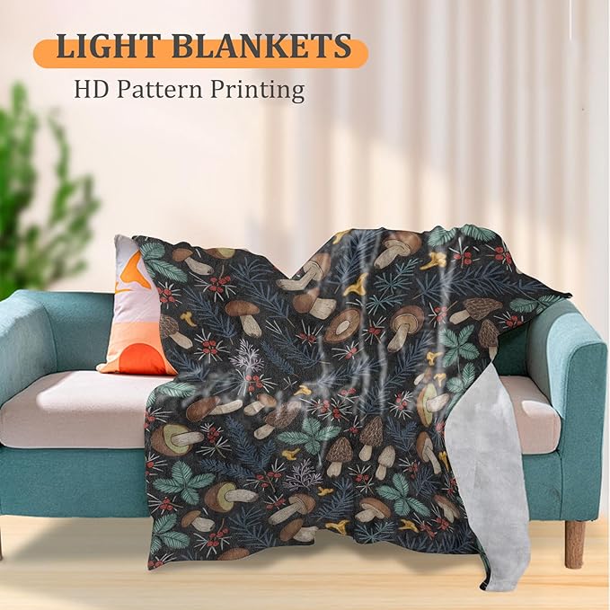 Rustic Mushroom Blanket, Forest Nature Style 60 x 50 Inch Flannel Throw Blanket, Gifts for Women Kids, Lightweight Cozy Warm Blankets for Sofa Travel Home Decor