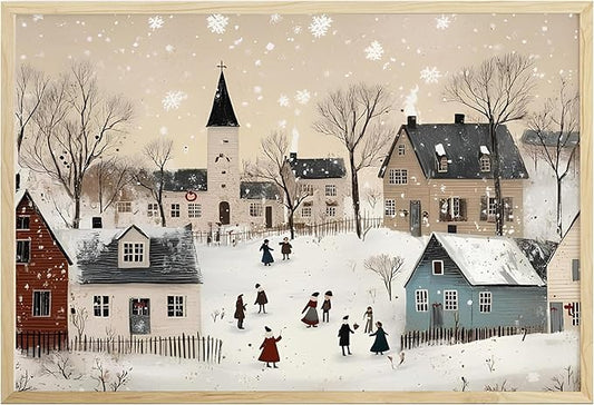 OZCONO Neutral Winter Holiday Wall Art for Cozy Home Decor, Retro Christmas Town Scene Artwork, Beige Seasonal Village Print for Farmhouse Style, Snowy December Illustration (Unframed) (9x11)