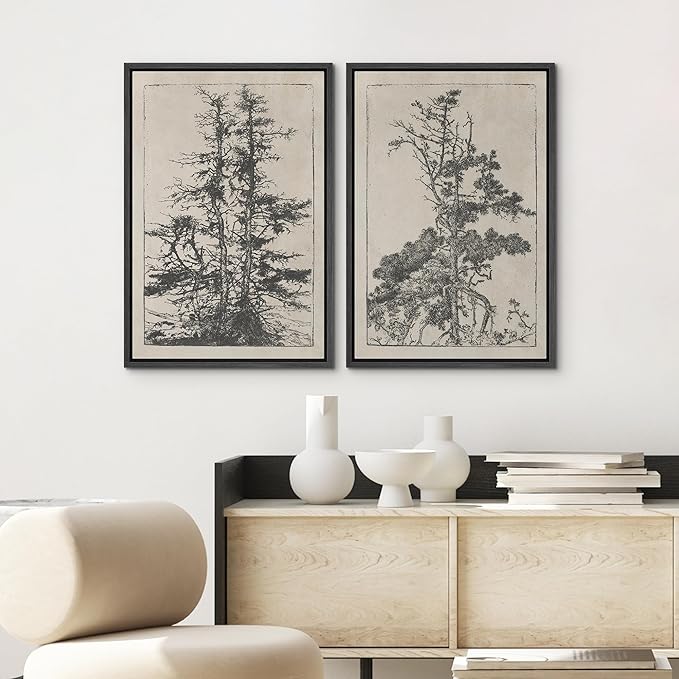 SIGNWIN Framed Canvas Print Wall Art Set Vintage Botanical Tree Sketches Illustrations Modern Art Minimal Boho Relax/Calm for Living Room, Bedroom, Office - 16"x24"x2 Black