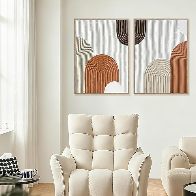 Set of 2 Textured Abstract Line Art Prints – Modern Minimalist Geometric Wall Art in Beige, Brown & Cream Tones, Framed Contemporary Canvas Décor for Living Room, Bedroom, or Office