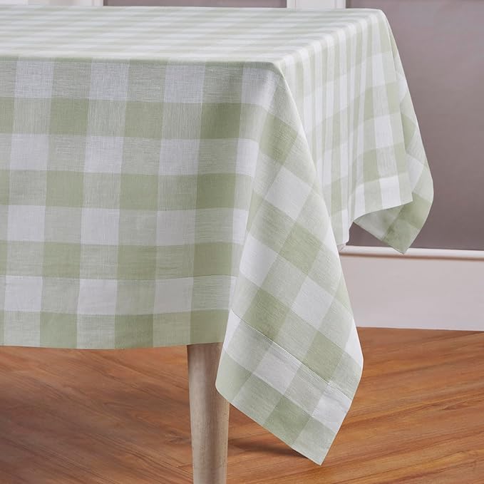Solino Home Linen Checkered Tablecloth 60 x 120 Inch - 100% Pure Linen Sage and White Buffalo Plaid Table Cloth for Rectangle Tables - Machine Washable Tablecloth for Fall, Autumn, Christmas