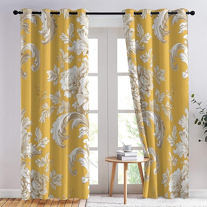 Baroque Damask Curtains, Ethnic Floral Renaissance Window Curtains, Victorian Yellow Blackout Curtains for Bedroom Living Room Home Decor, Patterned Grommet Drapes 84 Inch Length 2 Panels Set
