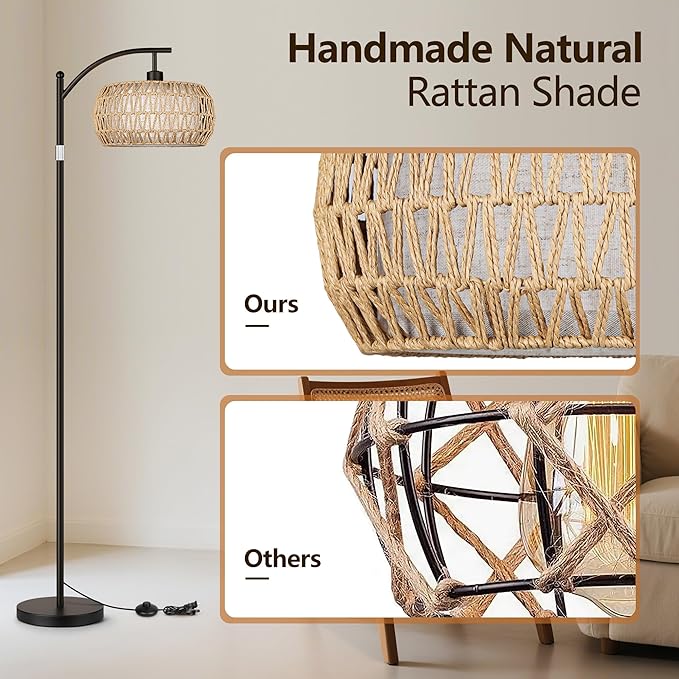 ROTTOGOON Rattan Floor Lamps for Living Room, Boho Standing Lamps with Rattan& Linen Double Shades, Arc Lamps Floor Standing with 9W Bulb, Foot Switch, Bohemian Floor Lamps for Bedroom, Office-Black