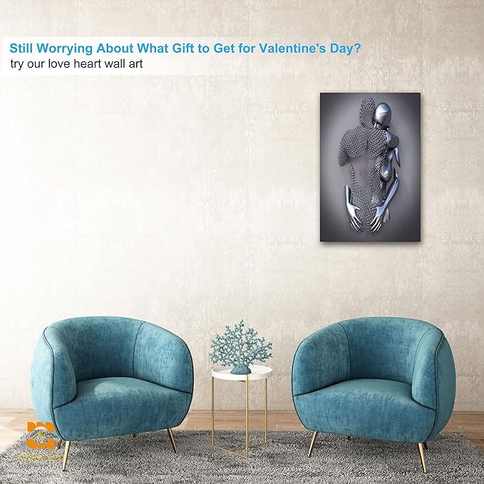 HIPOCAPO 3D Metal Effect Wall Art - Wall, Silver Modern Abstract Hug Lovers Painting Picture Poster Prints for Bathroom, Romantic Couple Living Room Canvas Framed 24''x36''x1Pcs 3d Art-14