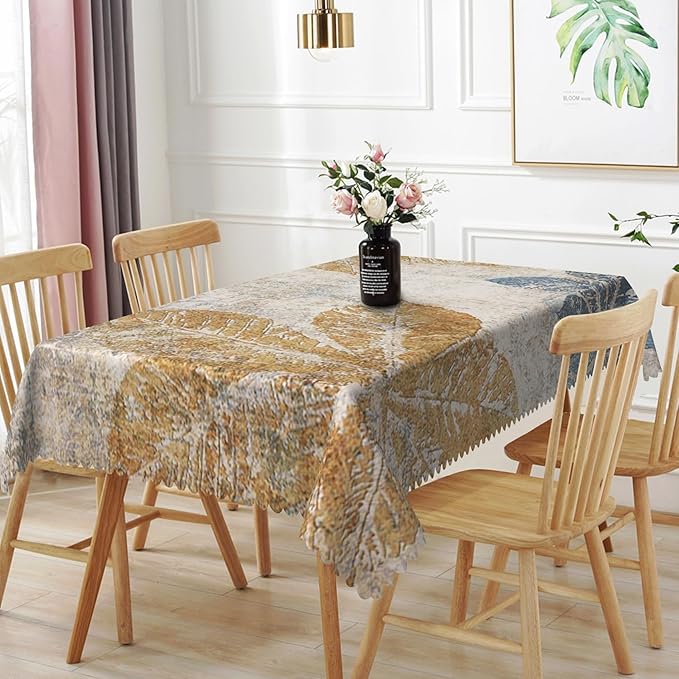 54x108inches Vintage Rectangle Tablecloth Grunge Brown Blue Leaves Pattern Table Cloths Waterproof and Stain Resistant Fabric Table Cloth Cover for Kitchen Dining Room Patio Farmhouse Decor