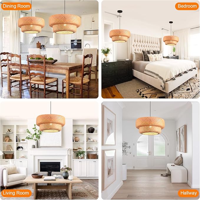 18.12 Inch Bamboo Pendant Light Hand Woven Basket Lights Rattan Pendant Light for Kitchen Island Dining Room Living Room Bedroom Foyer
