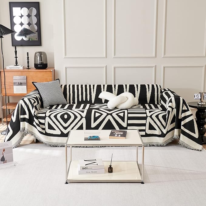 VClife Boho Couch Cover Soft Thick Chenille Couch Covers for Sectional Sofa, Bohemian Jacquard Couch Cover for 2 Cushion Couch Sofa Washable Breathable Furniture Protector, White and Black, 71"x118"