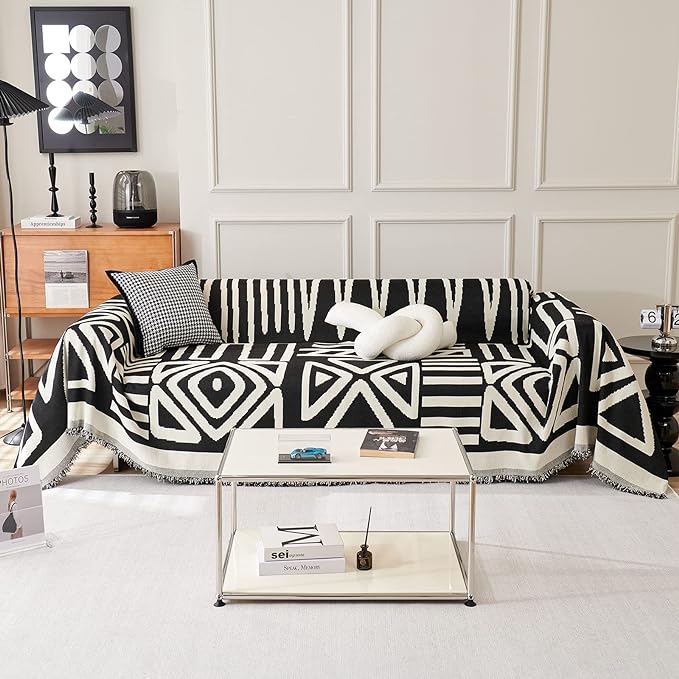 VClife Couch Cover Sofa Covers for Dog, Non Slip Couch Cover for 2 Cushion Couch Washable - Chenille Black Jacquard Sofa Protector with Tassel, Anti-Pilling Sofa Slipcover for Dog Pet, 71"x102"