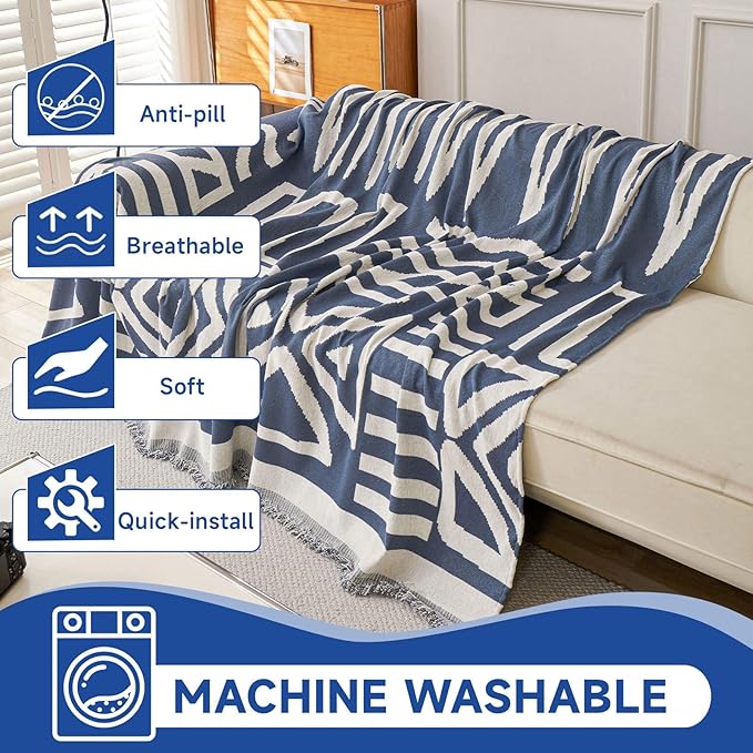 VClife Boho Couch Cover Thick Soft Chenille Sofa Covers for Sectional Couch, Bohemian Couch Covers for 3 Cushion Couch Sofa Washable Multi-Functional Furniture Protector, Blue, 71''x150''