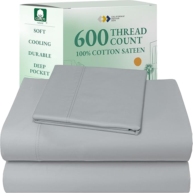 California Design Den Luxury Twin Sheet Set - 100% Cotton, 600 Thread Count Deep Pocket Twin Sheets, Soft Hotel-Quality Bedding with Sateen Weave - Light Grey
