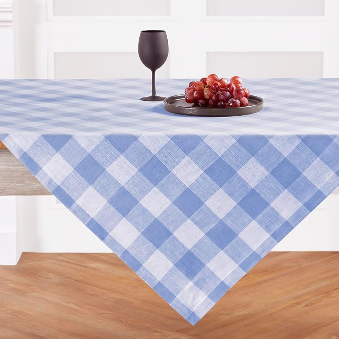 Solino Home Linen Square Tablecloth 52 x 52 Inch - 100% Pure Linen Hydrangea Blue Buffalo Check Tablecloth - Machine Washable Table Throw