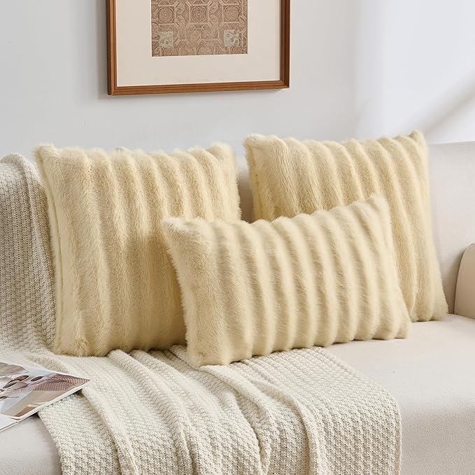 FUTEI Beige Decorative Throw Pillow Covers 12x20 Inch Set of 2,Soft Fluffy Faux Rabbit Fur Dyeing Striped Textured Lumbar Pillow Case,Modern Home Decor for Couch Bed Living Room