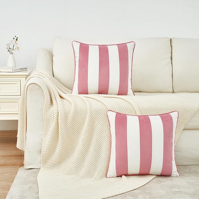 MONDAY MOOSE Decorative Throw Pillow Covers Cushion Cases, Set of 2 Soft Velvet Striped Piping Edge Designs, Pillow Inserts Not Included (Light Pink/White, 20x20 inch)